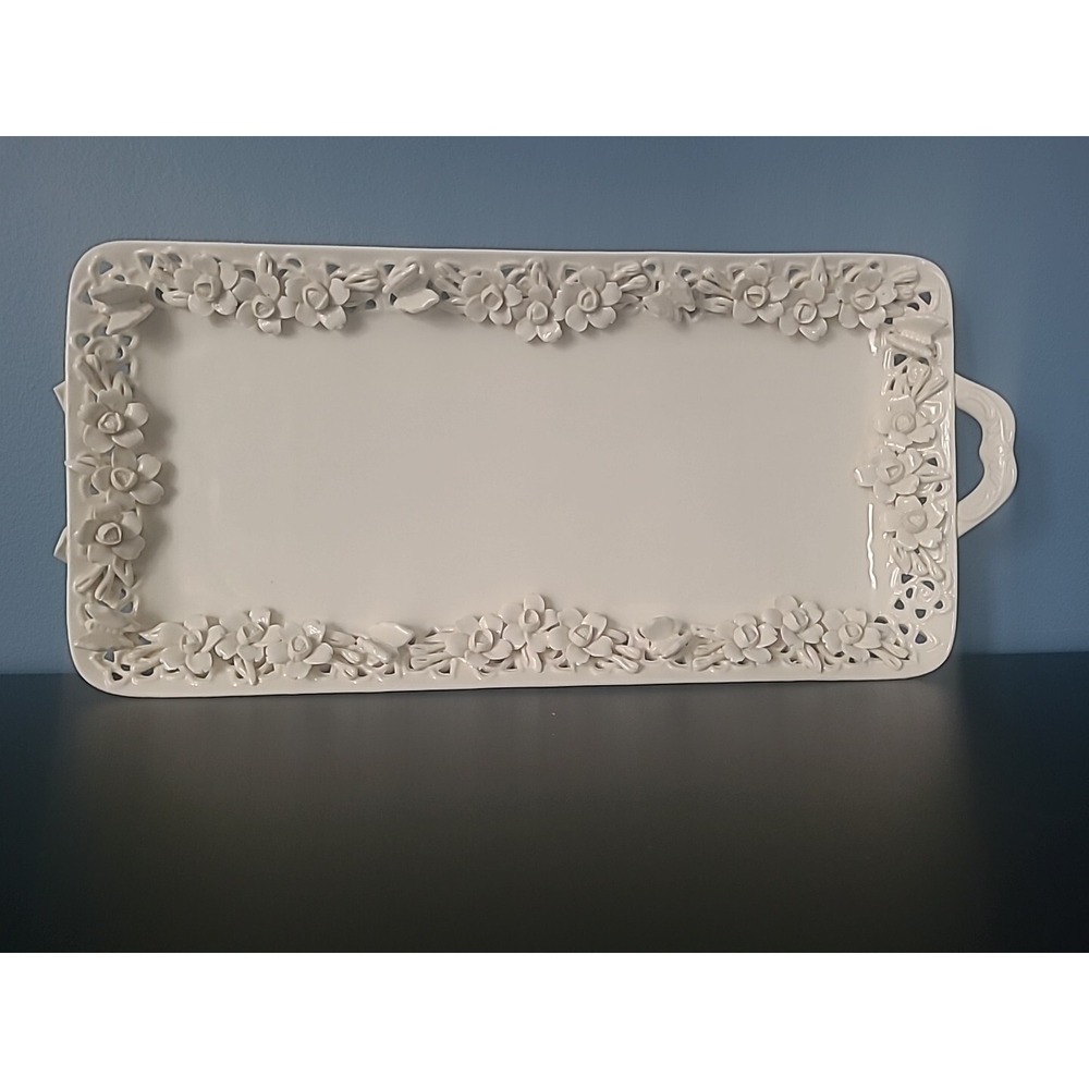 Rosalie Peppertree Tabletops Fine Porcelain Ivory Floral Platter Roses Butterfly